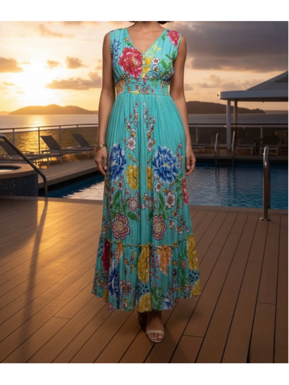 Me 2 Magic turquoise gold floral bohemian sleeveless Vneck maxi dress XL
